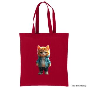 A red tote bag featuring a cartoon orange tabby cat standing upright, wearing a teal jacket, white shirt, black pants, and sneakers, against a plain background. The cat looks cute and confident, with its hands in its pockets.