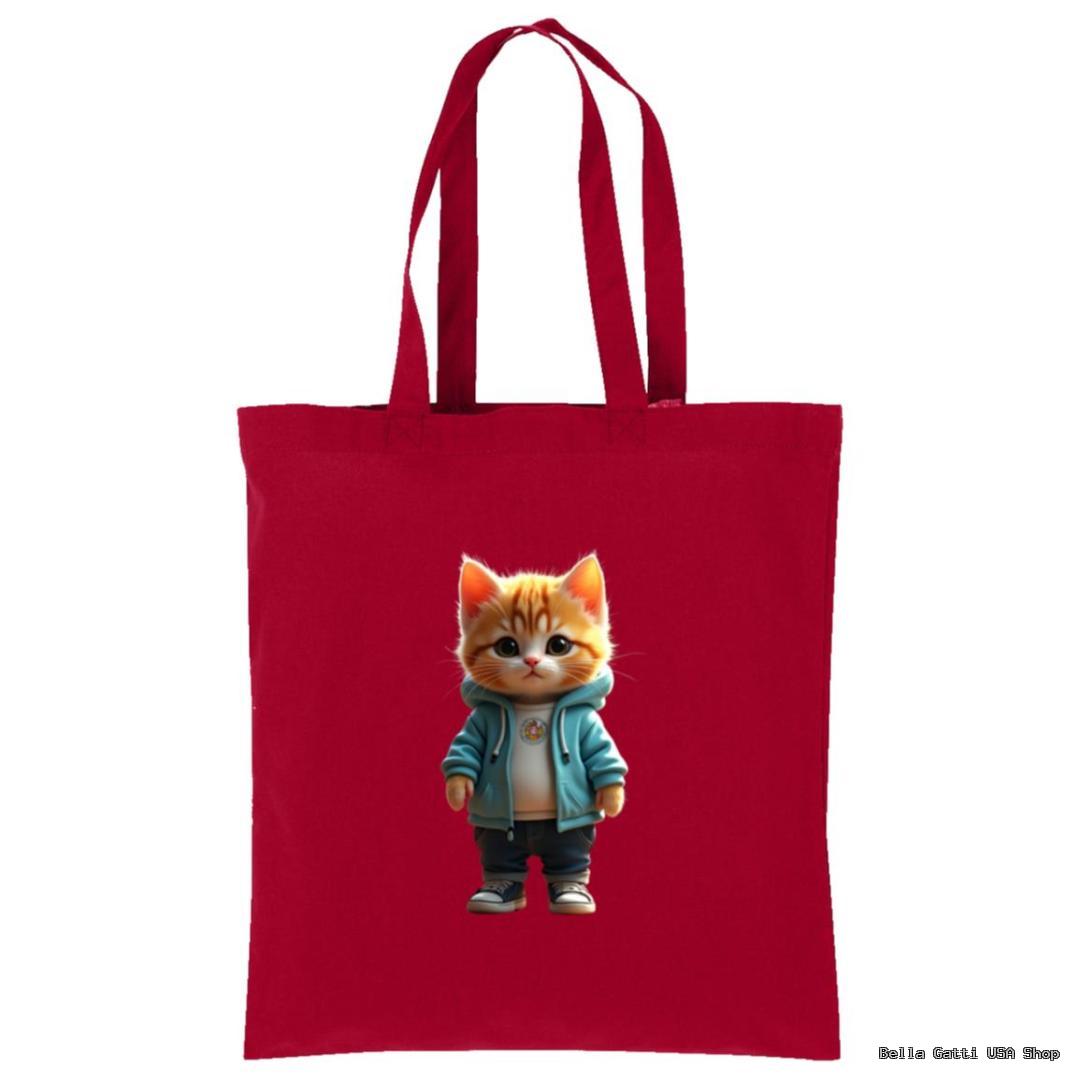 A red tote bag featuring a cartoon orange tabby cat standing upright, wearing a teal jacket, white shirt, black pants, and sneakers, against a plain background. The cat looks cute and confident, with its hands in its pockets.