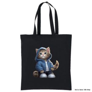 A black tote bag with a cat on it.
