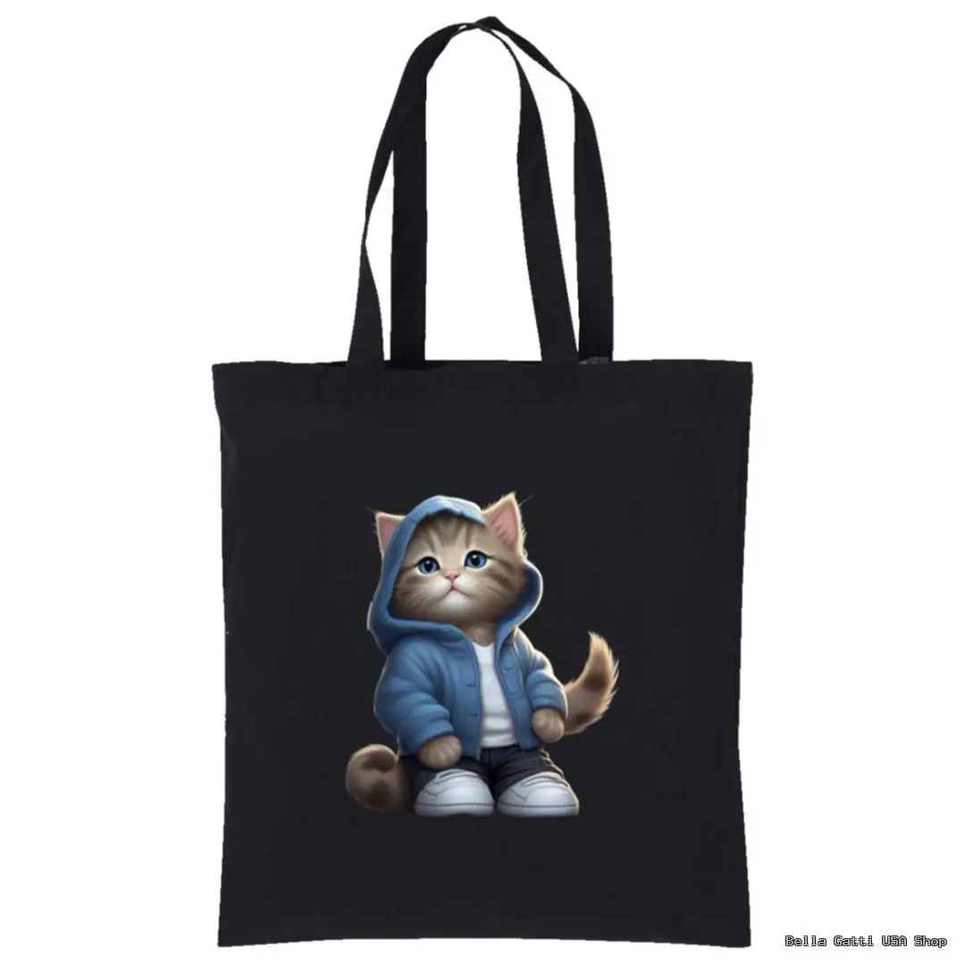 A black tote bag with a cat on it.