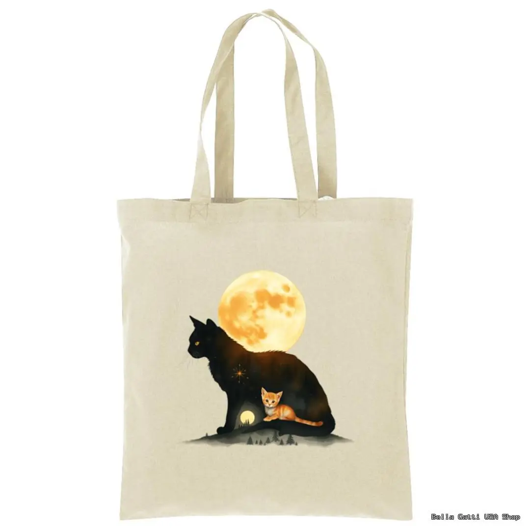 A beige tote bag features an illustration of a large black cat silhouette filled with a glowing full moon and a night sky scene. Inside the silhouette, a small orange cat sits on grass under another glowing moon, creating a dreamy, magical effect.