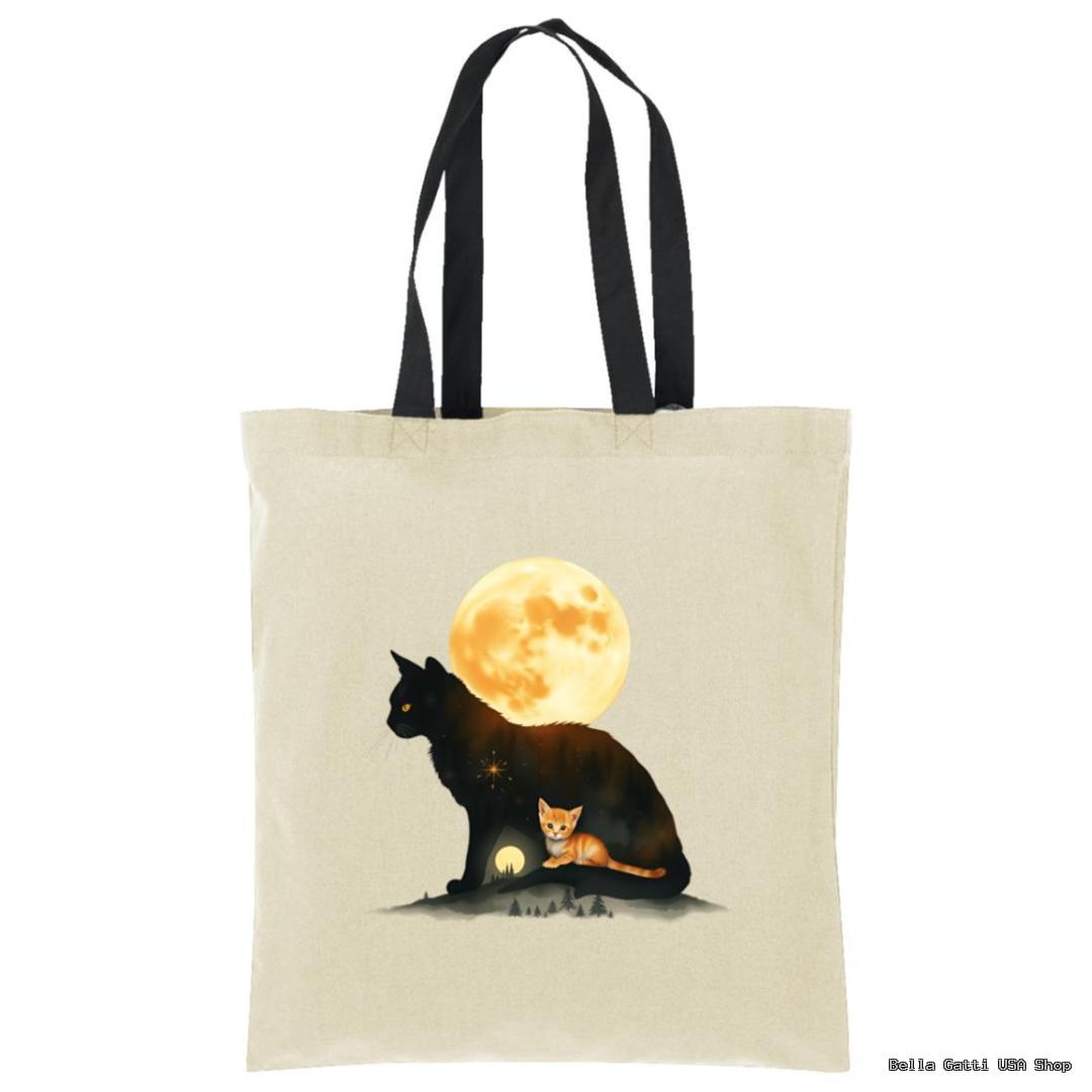 A beige tote bag with black handles features artwork of a large black cat silhouette with a glowing full moon inside it. A small orange cat lies in front of the silhouette, which also contains trees and a house, creating a dreamy, magical scene.