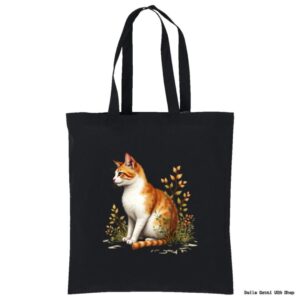 A black tote bag features a realistic illustration of an orange and white cat sitting among green and yellow leafy plants. The cat faces left, appearing calm and alert, while the bags background remains plain black.