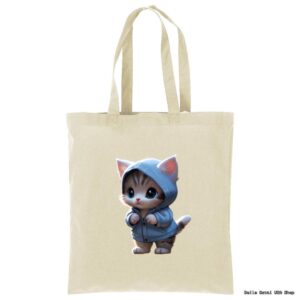A beige tote bag featuring a printed illustration of a cute, wide-eyed kitten wearing a blue hoodie, standing upright on its hind legs with its front paws raised as if adjusting the hood. The background is plain and the design is centered.
