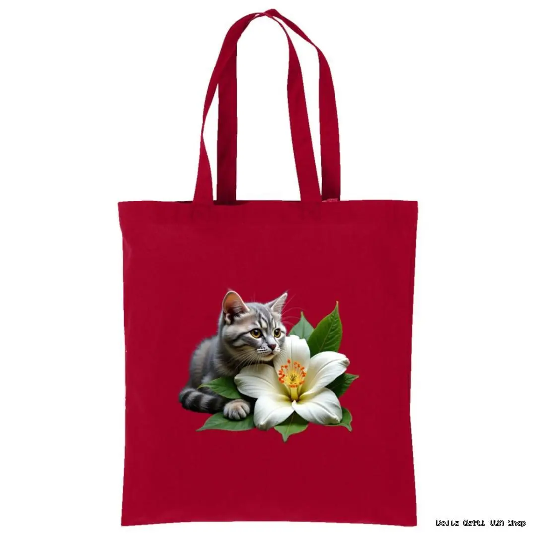 A red tote bag features a realistic print of a gray tabby kitten lying beside a large white flower with green leaves. The kitten looks playful and curious, adding a cute touch to the bag’s simple, vibrant design.
