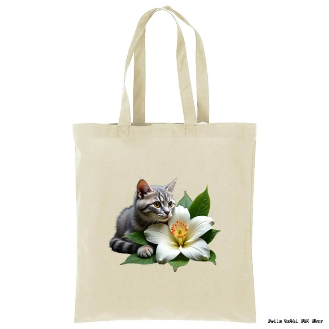 A beige tote bag with two handles features a printed design of a gray tabby cat lying next to a large white flower with yellow and red details and green leaves. The cat looks to the side, and the background is plain white.