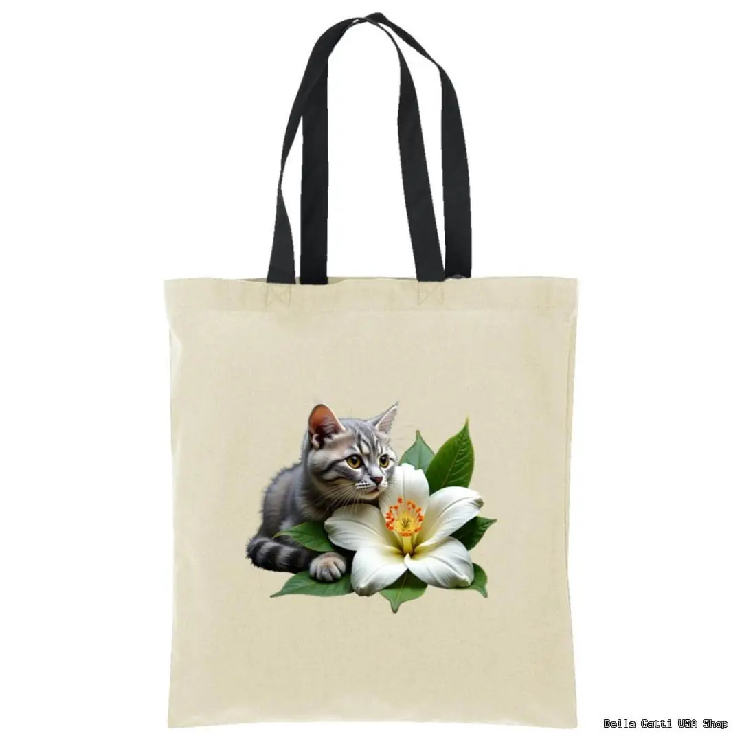 A beige tote bag with black handles features a realistic illustration of a gray tabby cat lying beside a large white flower with green leaves in the center of the bag. The cat looks alert, gazing forward. The background is plain.