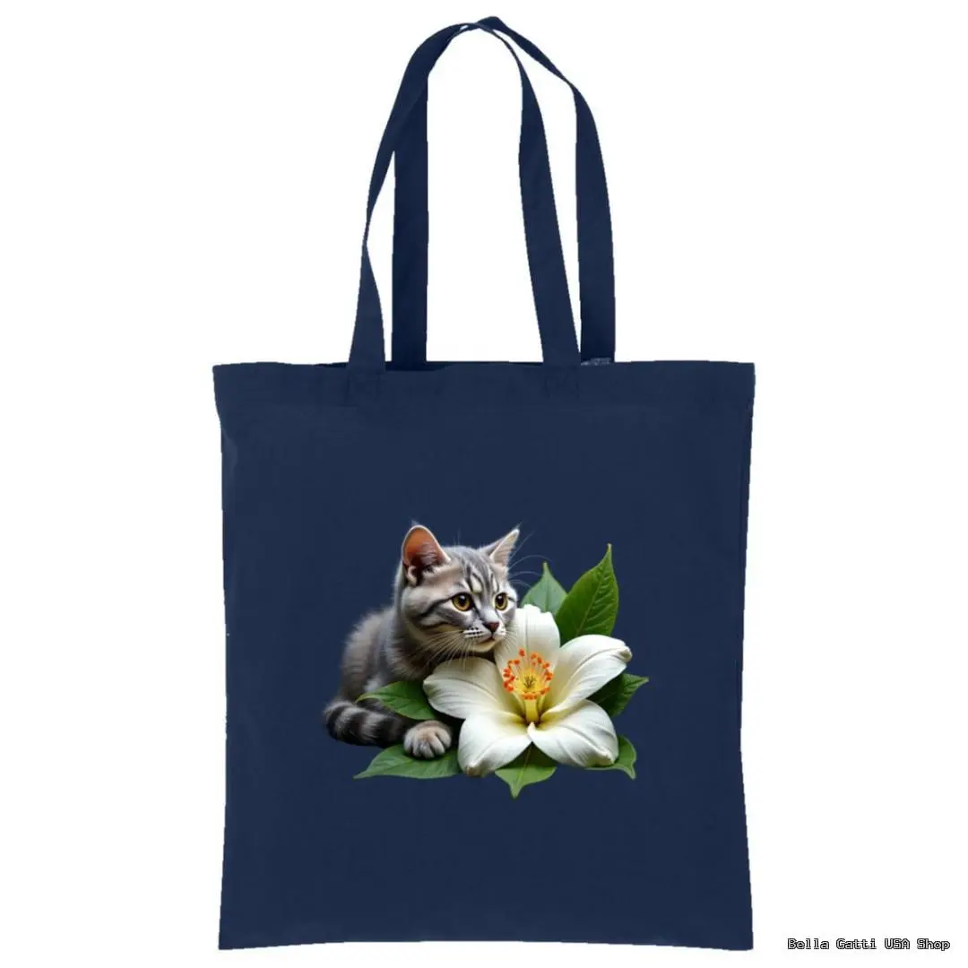 A navy blue tote bag features a realistic illustration of a gray tabby kitten lying behind a large white flower with yellow stamens and green leaves. The kitten looks forward with wide eyes. The bag has two handles and a plain background.