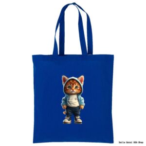 Blue tote bag with a cute cat in a hoodie, Bella Gatti US Shop