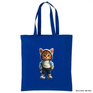 Blue tote bag with a cute cat in a hoodie, Bella Gatti US Shop