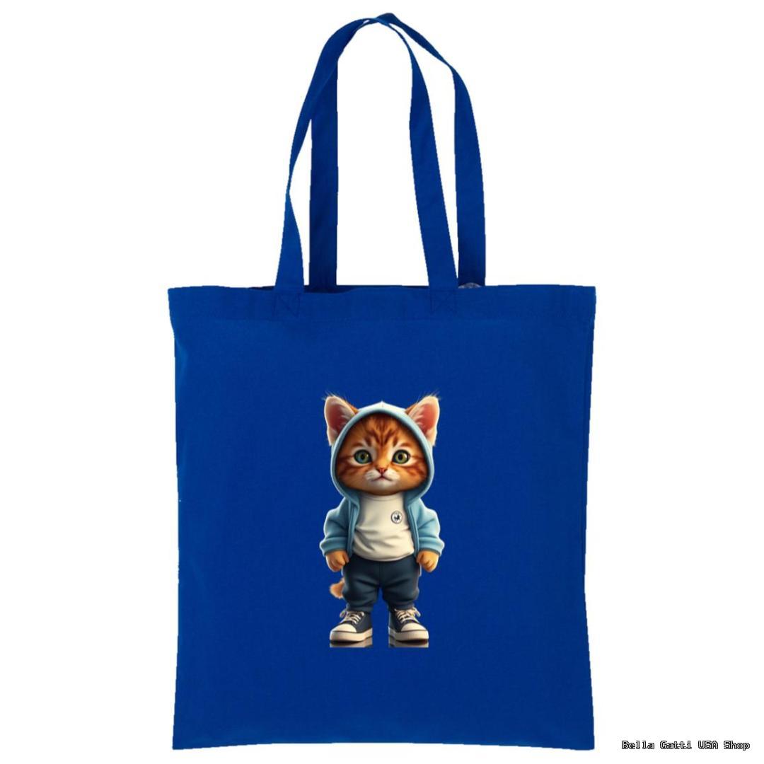 Blue tote bag with a cute cat in a hoodie, Bella Gatti US Shop