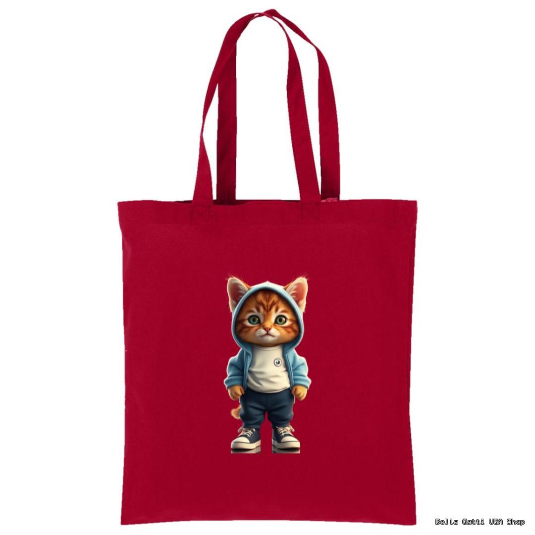 Red tote bag with a cute cat in a hoodie, Bella Gatti US Shop