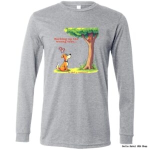 Bella Gatti US Shop gray shirt with cartoon dog and tree design.