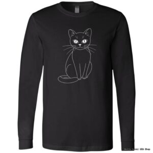 Black shirt with white cat illustration.