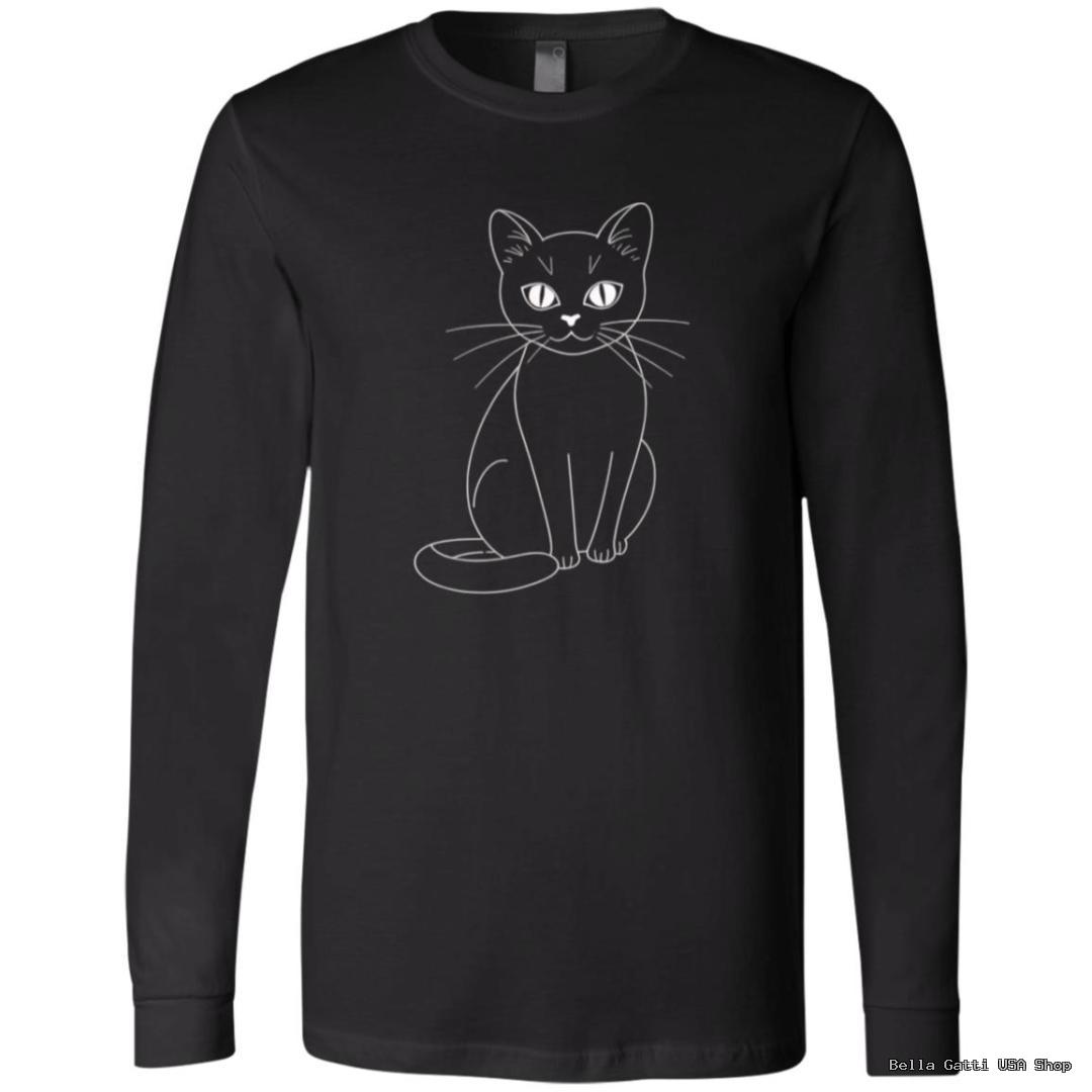 Black shirt with white cat illustration.