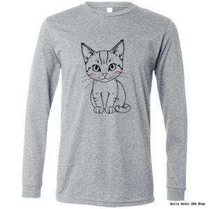 Gray t-shirt with cute cat illustration.