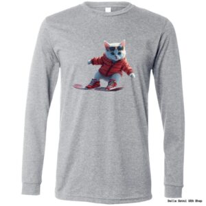 Cat in red jacket snowboarding on shirt