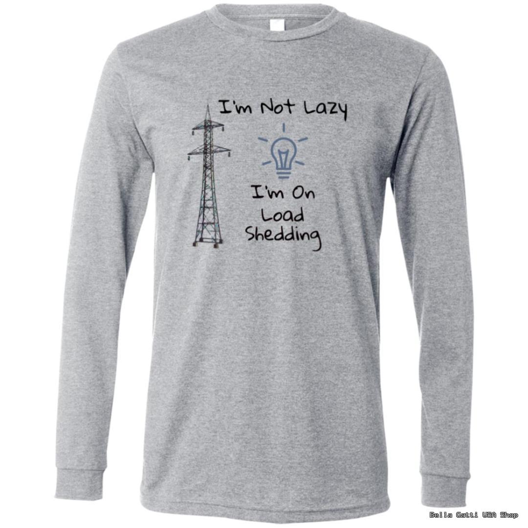 Gray shirt with load shedding joke design.