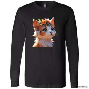 Black shirt with cat wearing flower crown design.