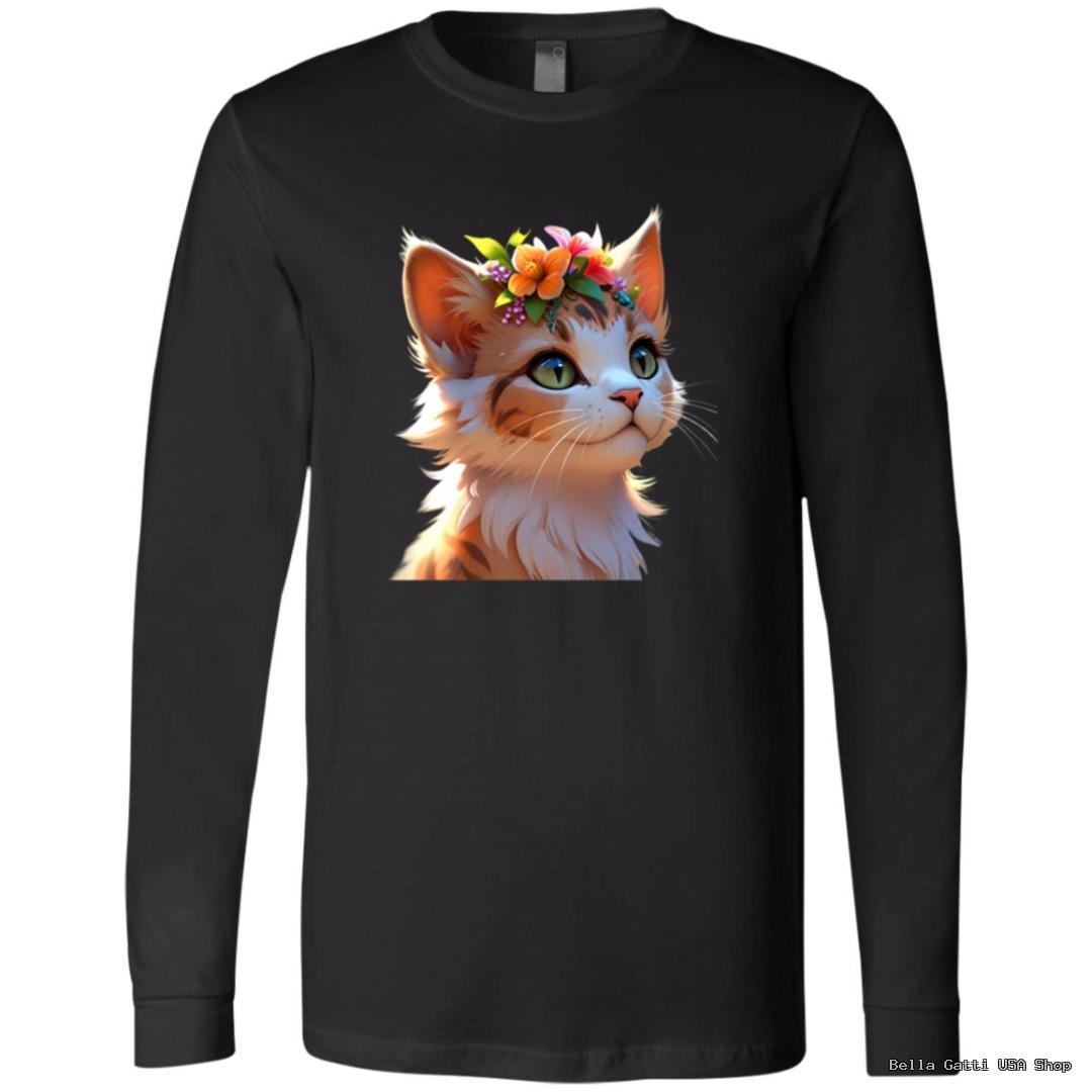Black shirt with cat wearing flower crown design.
