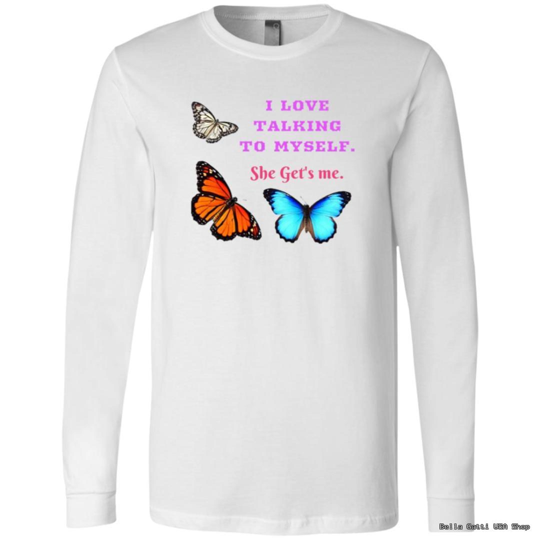 White shirt with colorful butterflies and text design