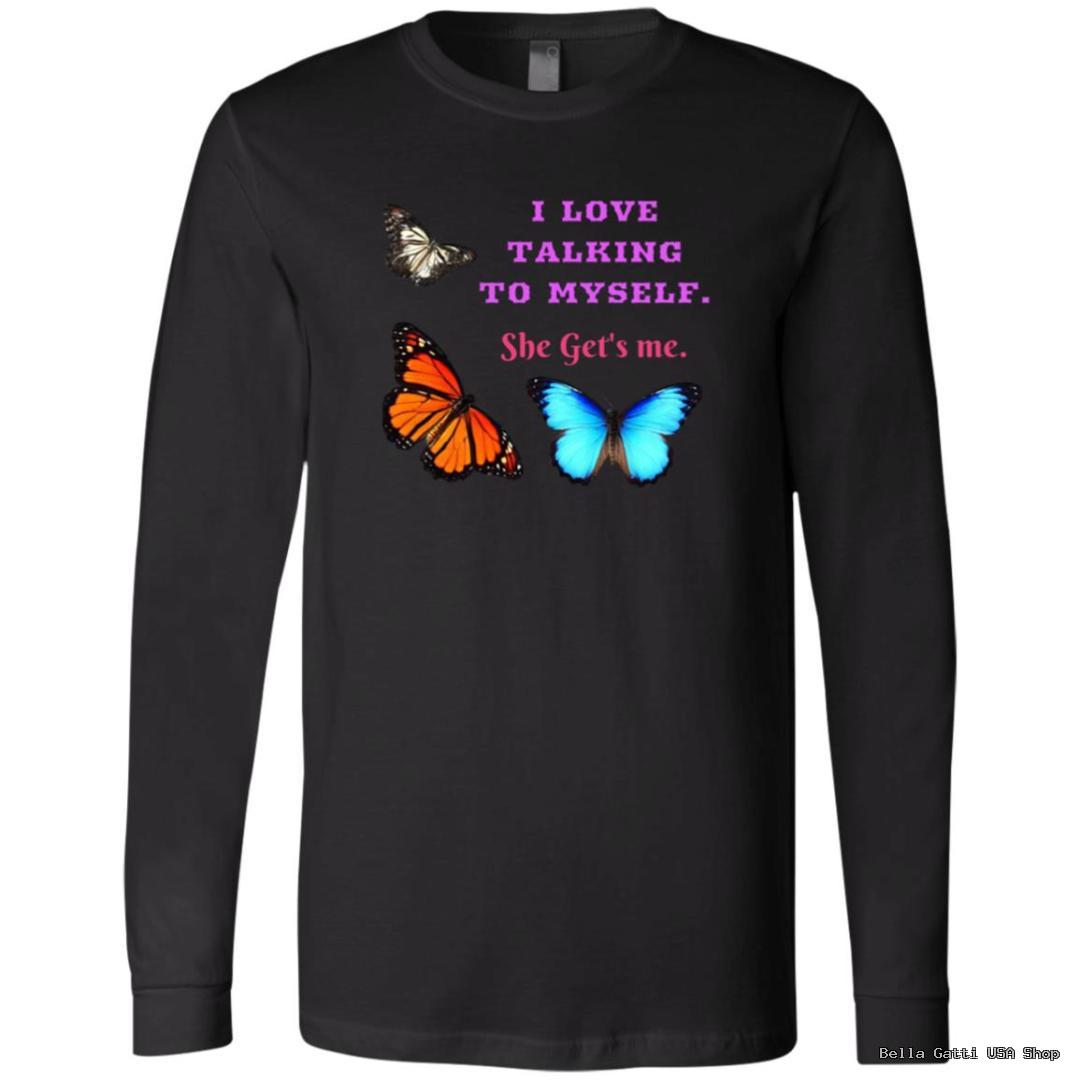 Black shirt with colorful butterflies and text design.
