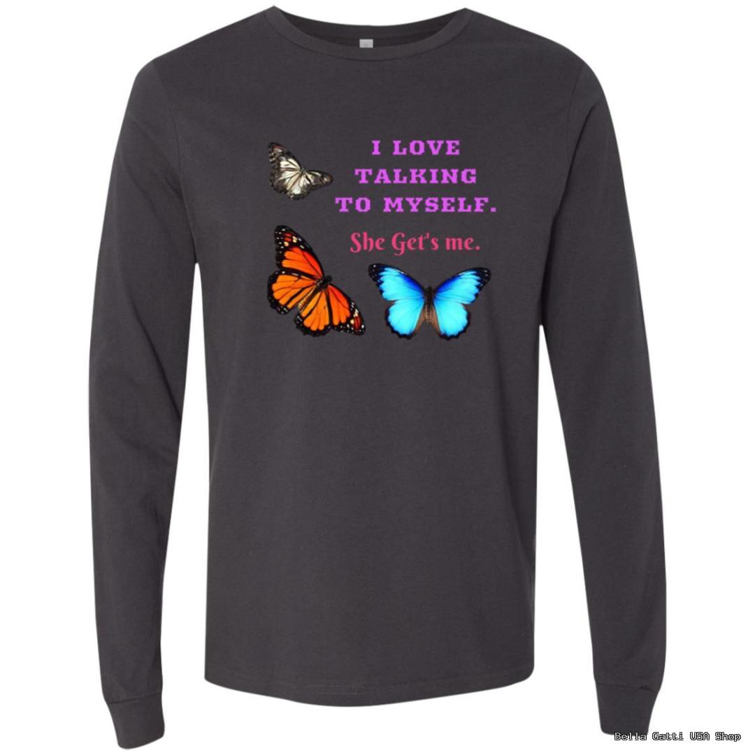 Gray shirt with colorful butterflies and text design.