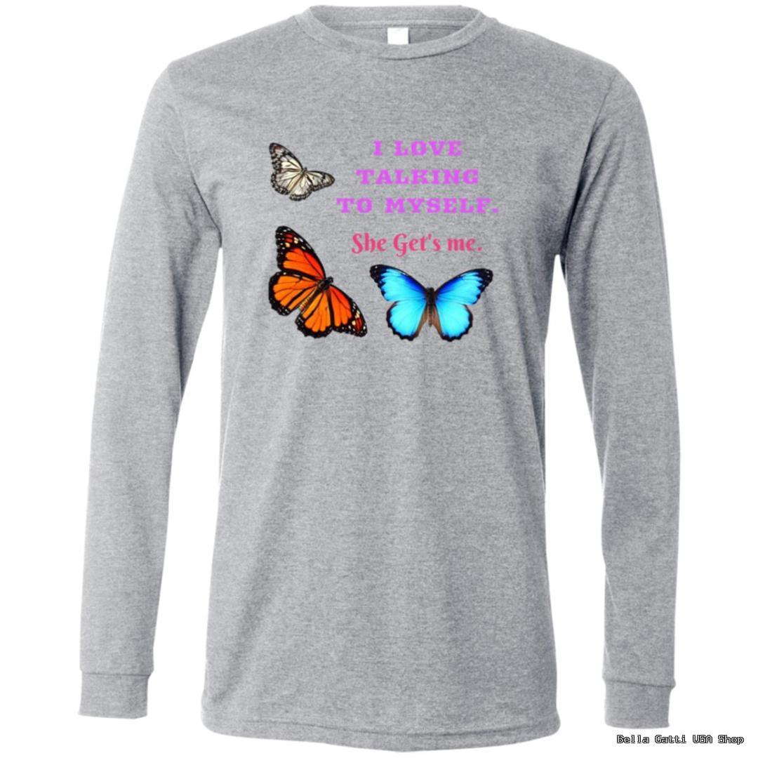 Gray long-sleeve shirt with colorful butterflies and text.