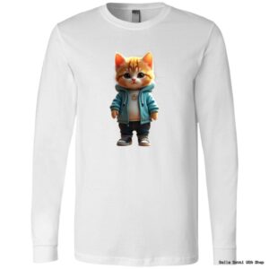 Cute cat in hoodie on white long-sleeve shirt