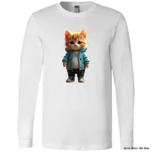 Cute cat in hoodie on white long-sleeve shirt