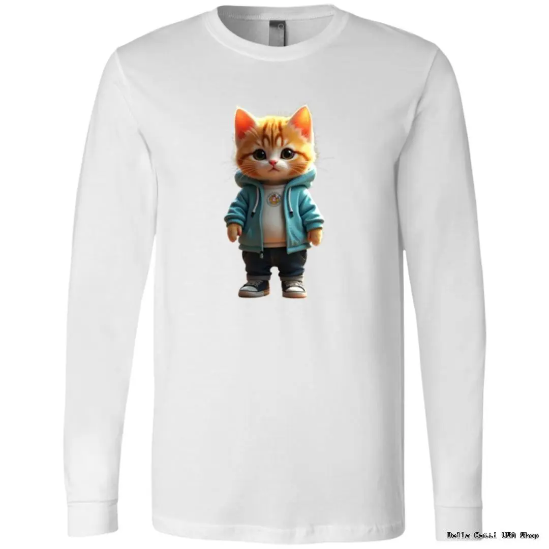 Cute cat in hoodie on white long-sleeve shirt