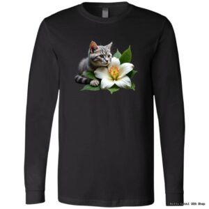 Black shirt with cat and flower design.