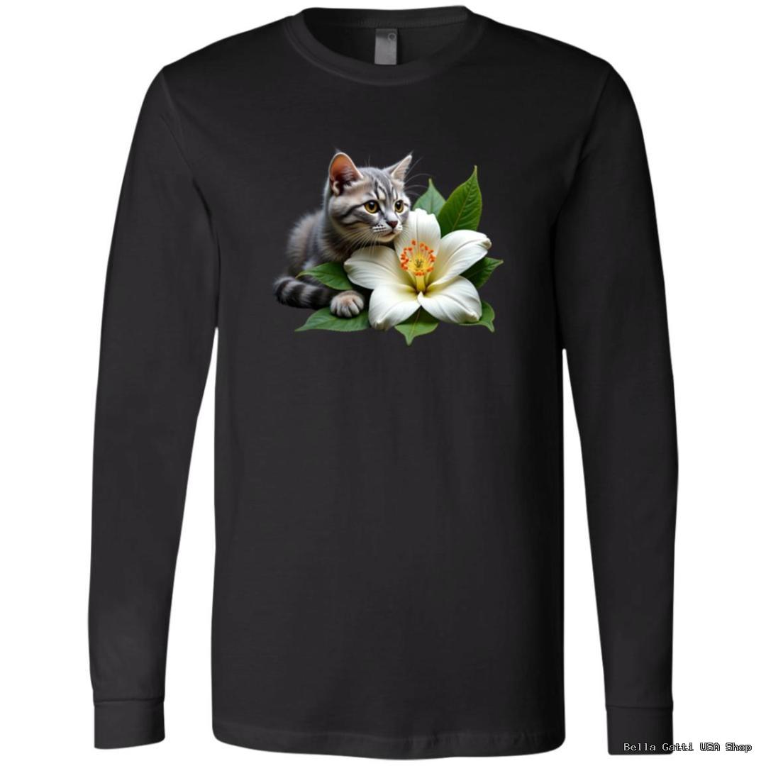 Black shirt with cat and flower design.