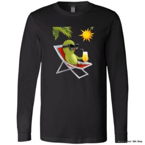 Parrot in sunglasses relaxing on chair with drink.