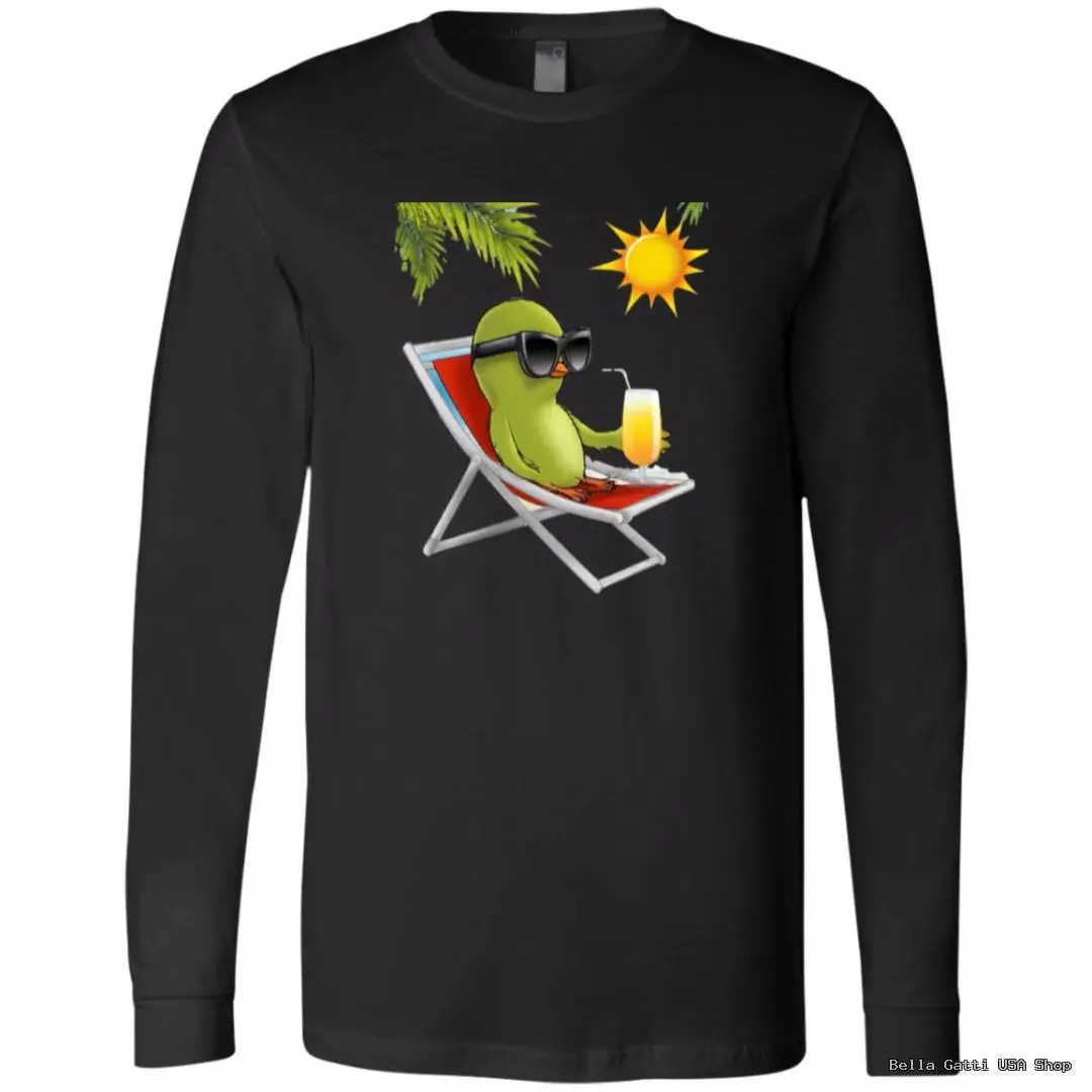 Parrot in sunglasses relaxing on chair with drink.