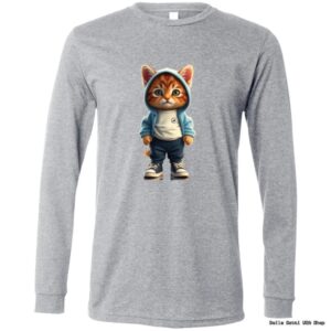 Gray shirt with cartoon cat in hoodie design.