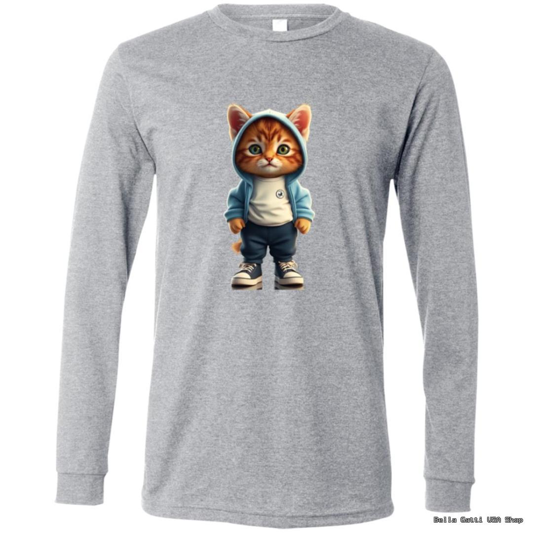 Gray shirt with cartoon cat in hoodie design.