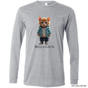 Gray shirt with cute cat illustration and 'Bella Gatti'.