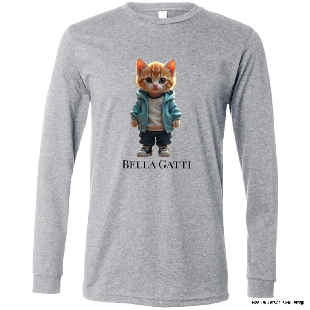 Gray shirt with cute cat illustration and 'Bella Gatti'.