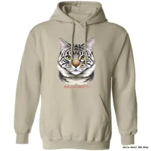 Beige hoodie with cat face design, Bella Gatti.