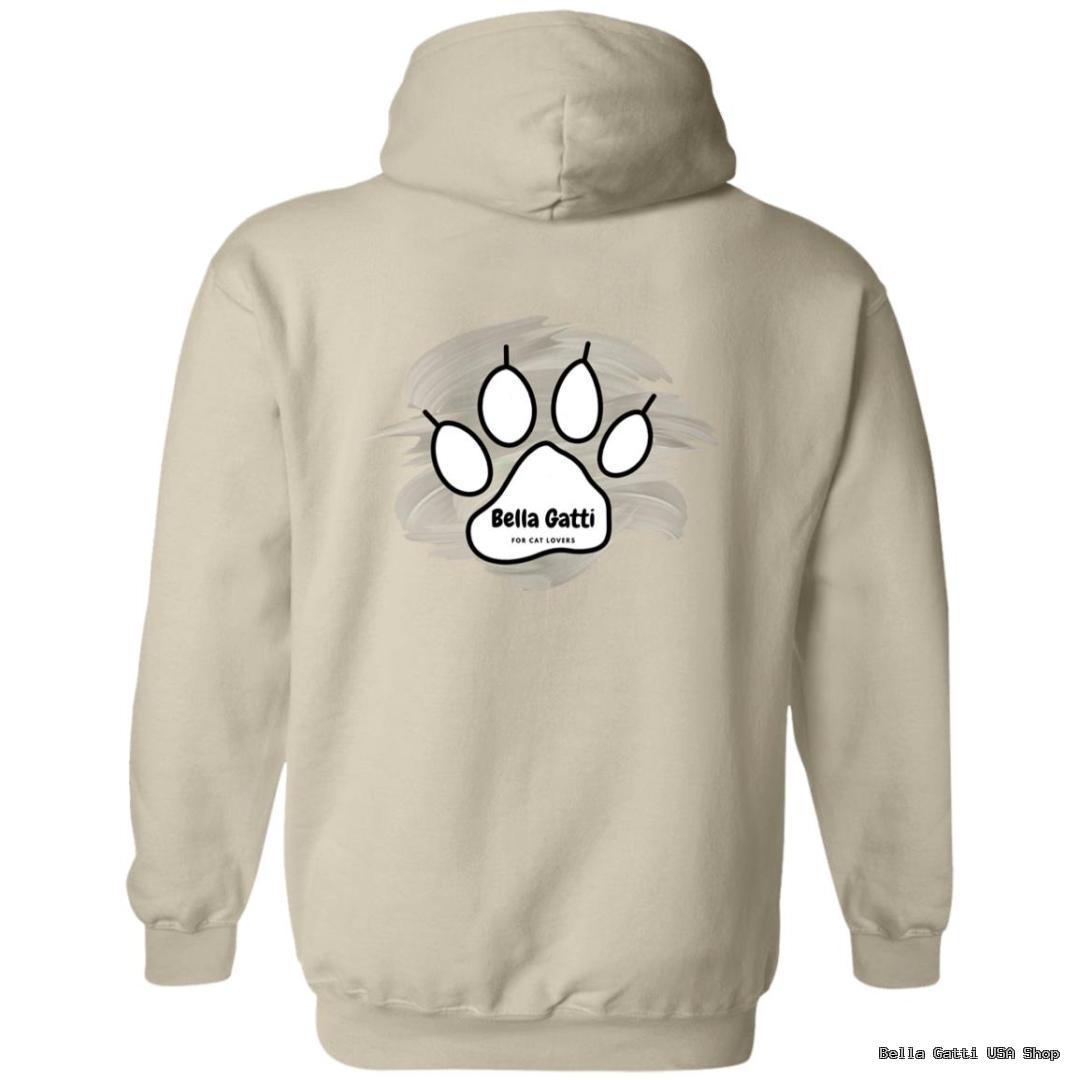 Beige hoodie with cat paw print design.