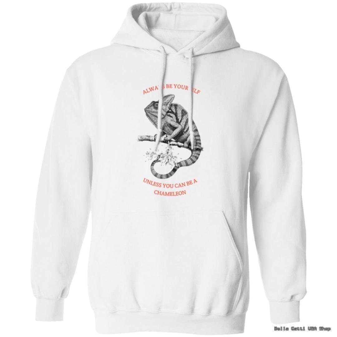 White hoodie with chameleon design and text.