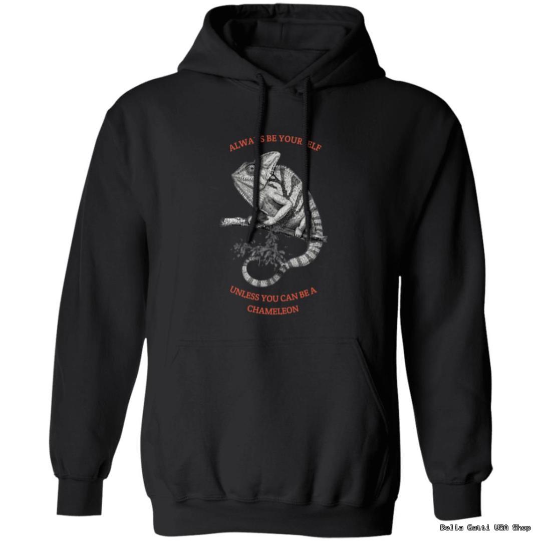 Black hoodie with chameleon graphic and text.