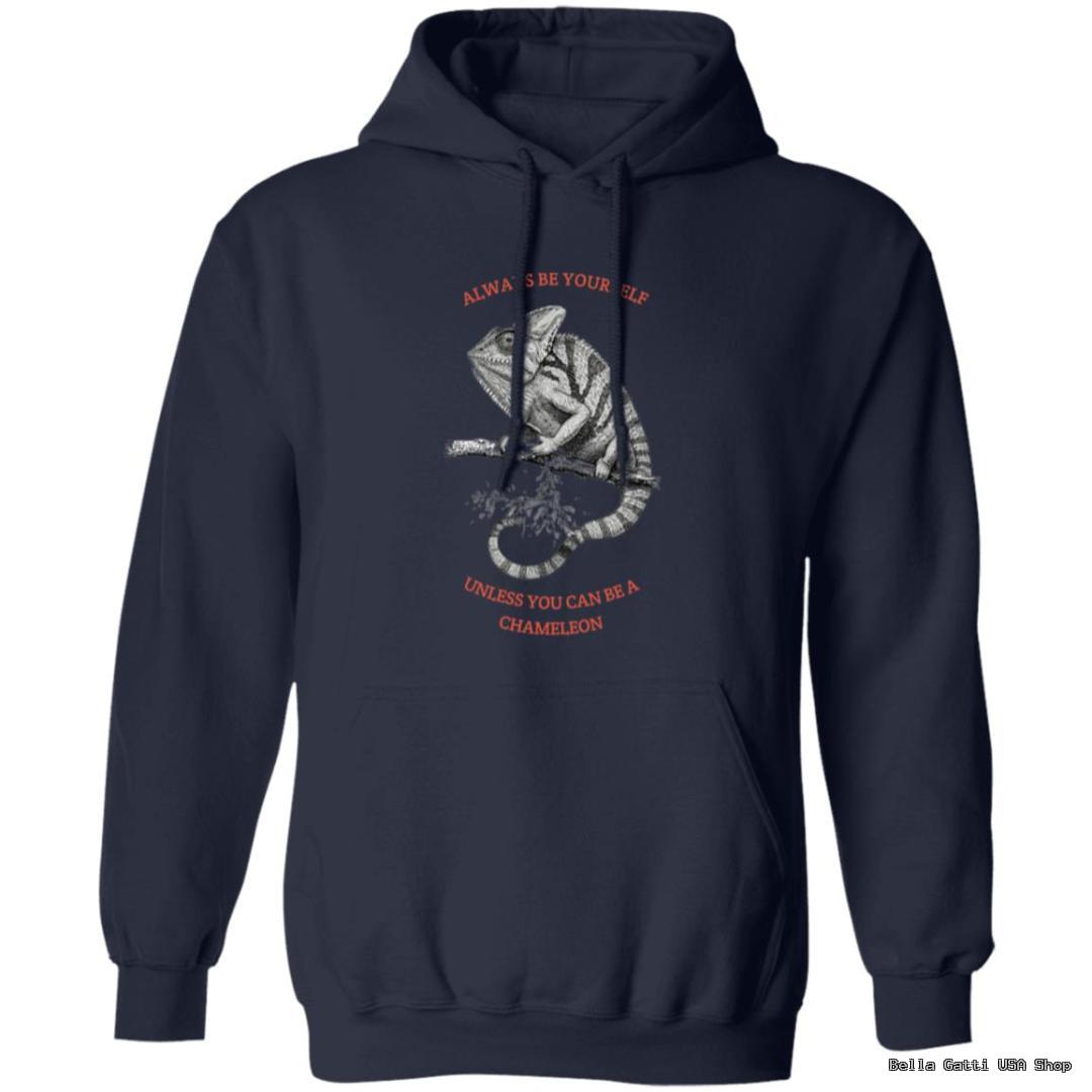 Navy hoodie with chameleon graphic and text design.
