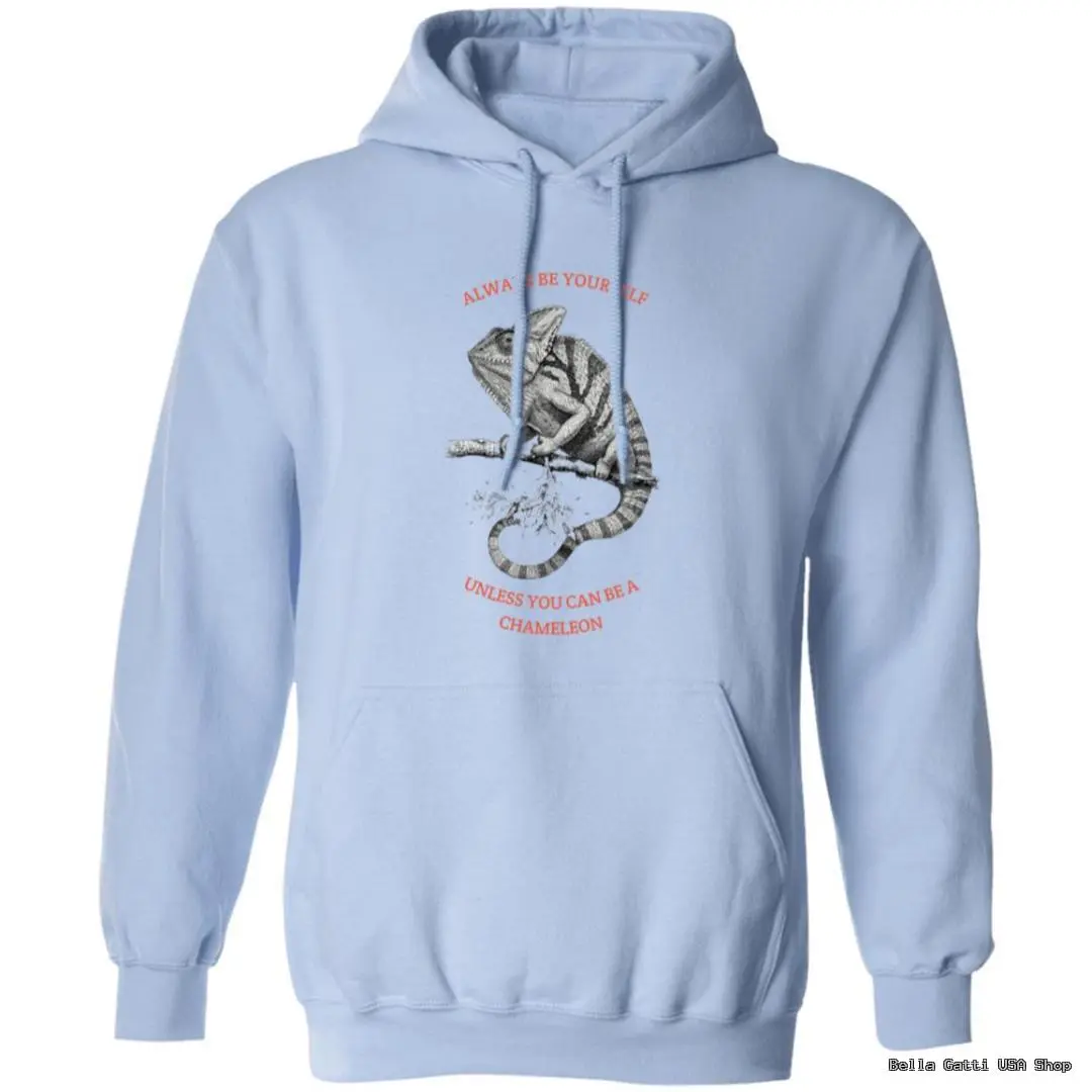 Blue hoodie with chameleon illustration and quote.