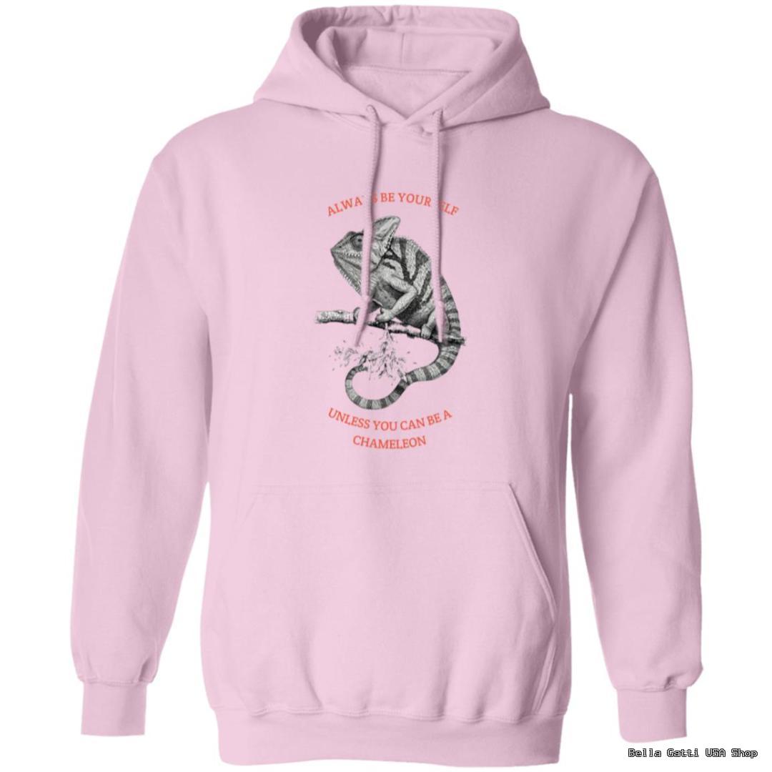 Pink hoodie with chameleon graphic and text