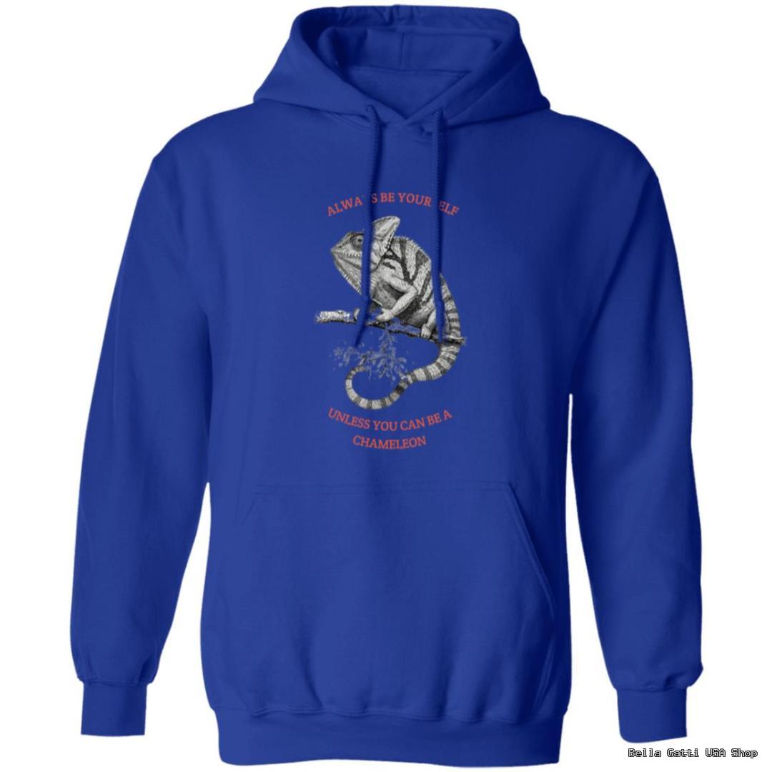 Blue hoodie with chameleon design and slogan.
