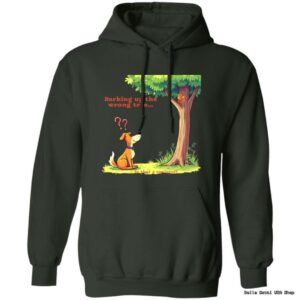 Dog looking at squirrel in tree hoodie design.