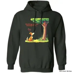 Dog looking at squirrel in tree hoodie design.