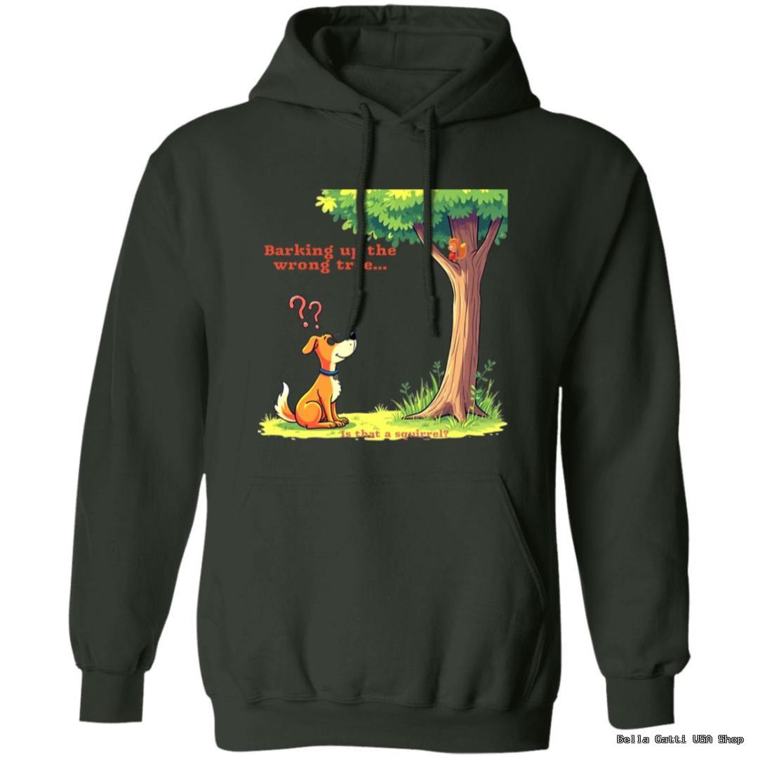 Dog looking at squirrel in tree hoodie design.